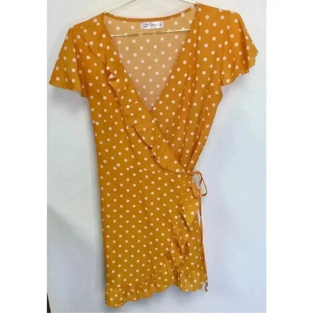 Cupshe Womens Orange Yellow Polka Dot‎ Side Tie Ruffled Trim Wrap Dress Size 2XL